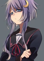 Rule 34 | 1girl, black sailor collar, blue eyes, closed mouth, crescent, crescent hair ornament, crossed arms, grey background, hair between eyes, hair ornament, highres, kantai collection, long sleeves, looking at viewer, purple hair, sailor collar, school uniform, serafuku, short hair with long locks, simple background, solo, sumoffu, upper body, yayoi (kancolle)