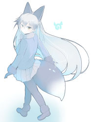 Rule 34 | 10s, 1girl, absurdres, animal ears, black gloves, black pantyhose, blue jacket, commentary, extra ears, fox ears, fox tail, full body, fur-trimmed sleeves, fur trim, gloves, highres, jacket, japari symbol, kanzakietc, kemono friends, long hair, long sleeves, looking at viewer, looking back, pantyhose, pleated skirt, silver fox (kemono friends), silver hair, simple background, skirt, solo, tail, very long hair, walking, white background, yellow eyes