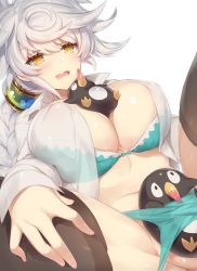 Rule 34 | 10s, 1girl, aqua bra, aqua panties, asymmetrical hair, bad id, bad twitter id, black thighhighs, bra, unworn bra, braid, breasts, covered erect nipples, failure penguin, hair between eyes, jitome, kantai collection, large breasts, long hair, looking at viewer, midriff, open mouth, out-of-frame censoring, out of frame, outside border, panties, panty pull, partially visible vulva, pokoten (pokoten718), puffy nipples, see-through, shiny skin, silver hair, single braid, solo, spread legs, thighhighs, thighs, underwear, underwear only, unryuu (kancolle), very long hair, wavy mouth, yellow eyes