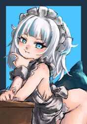 Rule 34 | 1girl, absurdres, apron, armband, bangle, bent over, blue background, blue eyes, blue hair, blush, bracelet, eyes visible through hair, fang, fang out, fins, fish tail, gawr gura, gills, highres, hololive, hololive english, holomyth, jewelry, looking at viewer, maid headdress, multicolored hair, naked apron, shark girl, shark tail, simple background, smile, solo, superfann, tail, twintails, two-tone background, two-tone hair, virtual youtuber, white hair