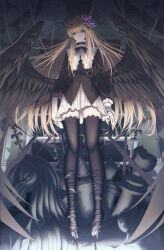 Rule 34 | 1girl, black wings, blonde hair, blouse, blue eyes, blunt bangs, board game, book, chess, commentary request, expressionless, flat chest, floating hair, flower, full body, goth fashion, hair flower, hair ornament, hair over eyes, highres, holding, holding book, long hair, looking at viewer, mj (kmj8645885), original, pale skin, shaded face, shadow, shirt, skirt, solo, thighhighs, tiara, wind, wings, zettai ryouiki