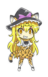 Rule 34 | 10s, 1girl, animal ears, animal print, blonde hair, bow, colonel aki, cosplay, crossed arms, ears through headwear, elbow gloves, gloves, grin, hat, jaguar (kemono friends), jaguar (kemono friends) (cosplay), jaguar ears, kemono friends, kirisame marisa, long hair, looking at viewer, short sleeves, skirt, smile, solo, tail, touhou, white background, witch hat, yellow eyes
