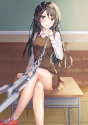Rule 34 | 1girl, black eyes, black hair, blurry, blurry background, blush, breasts, brown skirt, brown sweater vest, chain, chain leash, commentary request, crossed legs, holding, holding chain, kokose, leash, long hair, long sleeves, looking at viewer, medium breasts, original, parted lips, pov, shirt, shoes, sitting, skirt, solo, sweater vest, uniform, viewer on leash, white shirt