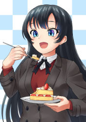 Rule 34 | 1girl, agano (kancolle), black hair, black jacket, blazer, blue eyes, buttons, cake, cake slice, checkered background, commentary request, double-breasted, eating, food, fork, jacket, kantai collection, long hair, mayura (lucadia), open mouth, plate, red vest, smile, solo, strawberry shortcake, sweater vest, upper body, vest