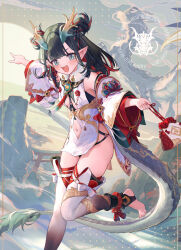 Rule 34 | 1girl, 2024, chinese zodiac, detached sleeves, dragon girl, dragon horns, dragon tail, dress, green eyes, green skirt, highres, horns, long hair, long sleeves, looking at viewer, navel, original, pointing, pointy ears, skirt, smile, solo, tail, teeth, toes, u jie, upper teeth only, white dress, year of the dragon