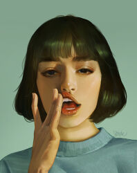 Rule 34 | 1girl, black hair, blue eyes, blunt bangs, bob cut, fingernails, grey background, grey sweater, hand on own face, hand to own mouth, hand up, highres, lip pull, lips, looking at viewer, open mouth, original, peter xiao, portrait, realistic, short hair, signature, simple background, solo, sweater, teeth, thick eyebrows, tongue