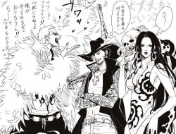 Rule 34 | 1girl, 2boys, abs, amazon warrior, boa hancock, breasts, cleavage, cross, crossed arms, donquixote doflamingo, dracule mihawk, dress, earrings, facial hair, feather boa, goatee, greyscale, hat, heart, jewelry, jolly roger, large breasts, lily (artist), long hair, marineford, monochrome, multiple boys, muscular, mustache, necklace, one piece, open clothes, open shirt, pendant, popped collar, salome (one piece), shirt, short hair, skull, snake, spoken heart, standing, sunglasses, sword, text focus, thought bubble, translated, weapon, yoru (one piece), yoru (sword)