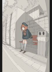 Rule 34 | 1girl, arima kana, beret, black vest, blue hat, blue jacket, bob cut, bow, bowtie, brown footwear, closed mouth, commentary, grey skirt, hat, highres, inverted bob, jacket, kneehighs, loafers, long sleeves, looking at viewer, medium hair, mono (2 onom), open clothes, open jacket, oshi no ko, outdoors, partially colored, red bow, red bowtie, red eyes, road, school uniform, shade, shoes, sitting, skirt, socks, solo, vending machine, vest, white socks, youtou high school uniform