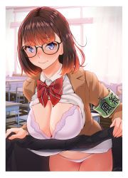 Rule 34 | 1girl, black-framed eyewear, black skirt, blue eyes, blush, bow, bowtie, bra, breasts, brown hair, chair, classroom, cleavage, closed mouth, clothes lift, cowboy shot, curtains, day, desk, diagonal-striped neckwear, female focus, flashing, glasses, groin, highres, indoors, large breasts, legs, lifted by self, looking at viewer, medium hair, nanahime, nose blush, open clothes, original, panties, pantyshot, school uniform, skirt, skirt lift, smile, solo, standing, striped bow, striped bowtie, striped clothes, striped neckwear, thighs, unbuttoned, unbuttoned shirt, underwear, window