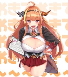 Rule 34 | 1girl, :d, blonde hair, bow, braid, breasts, cleavage, cleavage cutout, clothing cutout, commentary request, cropped legs, dragon horns, dragon tail, fangs, highres, holding, hololive, horn bow, horn ornament, horns, kiryu coco, kiryu coco (1st costume), large breasts, long hair, looking at viewer, multicolored hair, open mouth, orange hair, paper, pleated skirt, pointy ears, red eyes, red skirt, skirt, smile, solo, streaked hair, striped, striped bow, tail, v-shaped eyebrows, very long hair, virtual youtuber, zijou