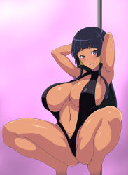 Rule 34 | 1girl, armpits, arms behind head, arms up, black hair, breasts, cleavage, dead or alive, dead or alive 5, highres, image sample, large breasts, long hair, looking at viewer, navel, nyotengu, pixiv sample, pole dancing, purple eyes, smile, solo, squatting, tongue, tongue out
