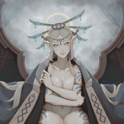 Rule 34 | 1girl, arm tattoo, braid, breasts, cleavage, covering privates, covering breasts, crown braid, frown, halo, highres, jewelry, kumanz, leg tattoo, looking at viewer, naked robe, navel, nintendo, princess zelda, rain, ring, robe, signature, solo, tattoo, the legend of zelda, the legend of zelda: breath of the wild