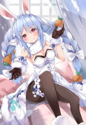 Rule 34 | 1girl, animal ear fluff, animal ears, bare shoulders, black gloves, black leotard, blue hair, blush, bow, braid, breasts, brown pantyhose, carrot hair ornament, cleavage, closed mouth, commentary request, curtains, detached sleeves, dress, feet out of frame, food-themed hair ornament, fur-trimmed dress, fur-trimmed gloves, fur trim, gloves, hair between eyes, hair bow, hair ornament, hand up, highres, hololive, leotard, long hair, looking at viewer, medium breasts, multicolored hair, mutang, pantyhose, pillow, puffy short sleeves, puffy sleeves, rabbit ears, red eyes, short eyebrows, short sleeves, sitting, smile, solo, strapless, strapless dress, strapless leotard, thick eyebrows, twin braids, twintails, two-tone hair, usada pekora, usada pekora (1st costume), very long hair, virtual youtuber, white bow, white dress, white hair, white sleeves, window