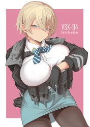 Rule 34 | 1girl, absurdres, belt, black jacket, blonde hair, blue belt, blue eyes, blush, bow, bowtie, breasts, buckle, bursting breasts, button gap, girls&#039; frontline, gloves, gun, highres, holding, holding gun, holding magazine (weapon), holding weapon, inconvenient breasts, jacket, large breasts, looking at viewer, magazine (weapon), pencil skirt, pouch, shirt tucked in, short hair, sitting, skirt, snap-fit buckle, solo, stuck, taut clothes, taut skirt, thigh pouch, vsk-94 (girls&#039; frontline), weapon, zuoteng lucha