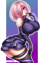 Rule 34 | 1girl, ass, bare shoulders, breasts, closed mouth, elbow gloves, fate/grand order, fate (series), gloves, hair over one eye, large breasts, lips, mash kyrielight, matching hair/eyes, pink eyes, pink hair, sevie, short hair, solo, thighhighs