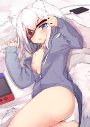 Rule 34 | 1girl, absurdres, animal ear fluff, animal ears, arm up, ass, bed sheet, blue jacket, blush, breasts, cellphone, collarbone, commentary request, drawstring, hair between eyes, handheld game console, highres, jacket, long hair, long sleeves, looking at viewer, lying, mask over one eye, mayogii, nintendo switch, nipples, on side, one eye covered, open clothes, open jacket, original, panties, parted lips, phone, signature, sleep mask, sleeves past wrists, small breasts, solo, tail, underwear, white hair, white panties