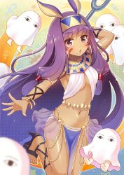 Rule 34 | 1girl, ankh, blunt bangs, breasts, dark-skinned female, dark skin, earrings, egyptian, egyptian clothes, facial mark, fate/grand order, fate (series), glint, hairband, hoop earrings, jewelry, long hair, looking at viewer, medium breasts, medjed (fate), navel, nitocris (fate), pelvic curtain, purple eyes, purple hair, revealing clothes, see-through, serino itsuki, sidelocks, solo, very long hair