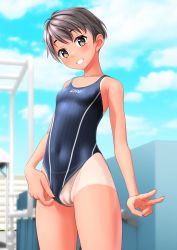 Rule 34 | 1girl, absurdres, beige panties, black hair, black one-piece swimsuit, blue sky, blurry, blurry background, breasts, brown eyes, cameltoe, clothes writing, clothing aside, cloud, commentary request, competition swimsuit, covered navel, cowboy shot, grin, highleg, highleg swimsuit, highres, one-piece swimsuit, one-piece tan, original, panties under swimsuit, short hair, sky, small breasts, smile, solo, striped clothes, striped one-piece swimsuit, swimsuit, swimsuit aside, takafumi, tan, tanline, v