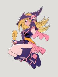Rule 34 | 1girl, blue dress, blue eyes, boots, capelet, dark magician girl, dress, from side, full body, grey background, highres, holding, holding staff, long hair, midair, nunomoyo, pink capelet, profile, solo, staff, strapless, strapless dress, yu-gi-oh!