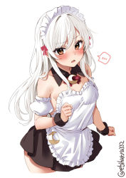 Rule 34 | 1girl, alternate costume, apron, black skirt, blush, breasts, cowboy shot, crescent, crescent pin, cropped legs, ebifurya, enmaided, highres, kantai collection, kikuzuki (kancolle), long hair, maid, maid apron, maid headdress, one-hour drawing challenge, open mouth, orange eyes, simple background, skirt, small breasts, solo, spoken blush, twitter username, white apron, white background, white hair, wrist cuffs