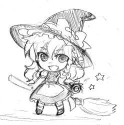 1girl broom chibi female_focus full_body fuyumura_asuki graphite_(medium) greyscale hat kirisame_marisa mini-hakkero monochrome sketch solo star_(symbol) touhou traditional_media white_background witch witch_hat