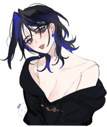 Rule 34 | 1girl, alternate costume, black eyeliner, black hair, black hoodie, blue eyes, blue hair, boros (ouro kronii), bow, bow earrings, breasts, camisole, earrings, eus ing, eyelashes, eyeliner, eyeshadow, fang, fangs, hair intakes, head tilt, hololive, hololive english, hood, hoodie, jewelry, large breasts, looking at viewer, makeup, messy hair, multicolored hair, off-shoulder shirt, off shoulder, open mouth, ouro kronii, ribbon earrings, shirt, short hair, solo, tongue, tongue out, virtual youtuber, white camisole