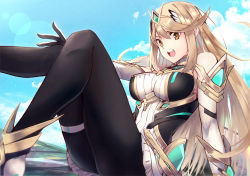 Rule 34 | 1girl, armor, bare shoulders, black pantyhose, blonde hair, breasts, chest jewel, dress, elbow gloves, fujishino shikino, gem, gloves, headpiece, large breasts, long hair, mythra (massive melee) (xenoblade), mythra (xenoblade), nintendo, pantyhose, short dress, solo, super smash bros., swept bangs, thigh strap, tiara, very long hair, white dress, white footwear, white gloves, xenoblade chronicles (series), xenoblade chronicles 2, yellow eyes