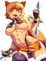 Rule 34 | 1girl, abs, animal ears, bad id, bad pixiv id, blazblue, breasts, brown eyes, brown hair, large breasts, makoto nanaya, metata, navel, orange skirt, revealing clothes, revision, short hair, simple background, skirt, solo, squirrel ears, squirrel tail, tail, thighhighs, underboob, white thighhighs