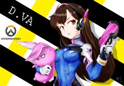 Rule 34 | 1girl, absurdres, animal print, armor, artist name, blush, bodysuit, breasts, brown eyes, brown hair, character name, copyright name, covered navel, d.va (overwatch), dated, derivative work, facial mark, gloves, gun, hand up, handgun, headphones, high collar, highres, holding, holding gun, holding stuffed toy, holding weapon, hwansang, long hair, open mouth, overwatch, overwatch 1, parted bangs, pauldrons, pilot suit, rabbit, rabbit print, reference work, shoulder armor, signature, solo, stuffed animal, stuffed rabbit, stuffed toy, turtleneck, upper body, weapon, whisker markings, white gloves