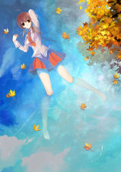 Rule 34 | 1girl, afloat, ahoge, autumn leaves, barefoot, brown eyes, brown hair, from above, leaf, lying, necktie, original, paku, parted lips, partially submerged, reflection, school uniform, skirt, sky, solo, water, wet, wet clothes