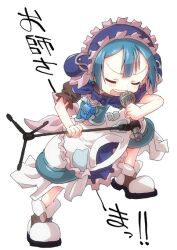Rule 34 | !, !!, 1boy, apron, back bow, blue bow, blue bowtie, blue capelet, blue corset, blue dress, blue hair, bow, bowtie, capelet, closed eyes, corset, dress, frilled apron, frilled dress, frills, hashtag-only commentary, holding, holding microphone, holding microphone stand, leg up, made in abyss, maid headdress, maruruk, microphone, microphone stand, music, open mouth, pink bow, short hair, simple background, singing, teeth, translation request, trap, upper teeth only, whistle, whistle around neck, white apron, white background, white footwear, ximu shilang