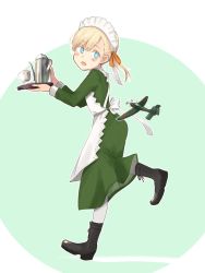 Rule 34 | 1girl, aircraft, airplane, alternate costume, annin musou, apron, bad id, bad twitter id, black footwear, blonde hair, blue eyes, blunt bangs, blush, boots, commentary request, cup, dress, enmaided, frilled apron, frills, green dress, hair ribbon, highres, holding, holding tray, isetan (department store), kantai collection, long sleeves, maid, maid apron, maid headdress, mitsukoshi (department store), open mouth, orange ribbon, ribbon, shin&#039;you (kancolle), short hair, side ponytail, solo, teacup, teapot, tray, white apron, white legwear