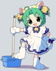Rule 34 | 1girl, ahoge, animal hat, apron, bell, blue bow, blue dress, bow, bucket, captain morgan pose, cat hat, cat tail, commentary request, curtained hair, dejiko, di gi charat, dress, full body, gloves, green eyes, green hair, grey background, hair bell, hair ornament, hand on own hip, hat, head tilt, highres, holding, holding mop, jingle bell, looking at viewer, maid, maid apron, mop, neck bell, nezutako, paw shoes, puffy short sleeves, puffy sleeves, short hair, short sleeves, smile, solo, standing, tail, tail bow, tail ornament, two side up, v-shaped eyebrows, white apron, white gloves