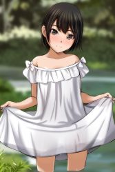 Rule 34 | 1girl, absurdres, bare shoulders, black hair, blurry, blurry background, blush, bow, brown eyes, closed mouth, collarbone, day, depth of field, dress, head tilt, highres, looking at viewer, matsunaga kouyou, nose blush, original, outdoors, short hair, skirt hold, smile, solo, standing, wading, water, wet, wet clothes, wet dress, white bow
