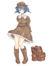 Rule 34 | 1girl, alternate color, arms behind back, backpack, bag, bare legs, blue eyes, blue hair, boots, brown footwear, brown hat, hat, highres, kawashiro nitori, looking to the side, michael-x, pocket, rubber boots, thighs, touhou, two side up, unworn backpack, unworn bag, white background