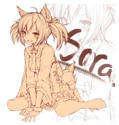 Rule 34 | 1girl, animal ears, arknights, character name, commentary request, dairin, full body, hair between eyes, highres, looking at viewer, multiple monochrome, open mouth, shirt, short hair, skirt, smile, solo, sora (arknights), tail, twintails, wolf ears, zoom layer
