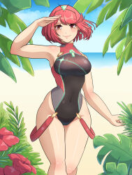 Rule 34 | 1girl, beach, blush, earrings, highres, jewelry, lips, navel, ocean, one-piece swimsuit, pyra (pro swimmer) (xenoblade), pyra (xenoblade), red eyes, red hair, sand, short hair, skin tight, smile, solo, swimsuit, thighs, tiara, water, xenoblade chronicles (series), xenoblade chronicles 2, yaizaberry