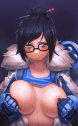 Rule 34 | 1girl, berg-yb, black hair, blue gloves, blush, breast conscious, breast hold, breasts, brown eyes, clothes lift, coat, covering privates, covering breasts, dark background, fur collar, glasses, gloves, hair bun, hair ornament, hairpin, highres, large breasts, looking down, mei (overwatch), open clothes, open coat, overwatch, overwatch 1, shirt lift, single hair bun, solo, upper body