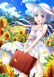 Rule 34 | 1girl, :d, absurdres, animal, animal on shoulder, bare arms, bare shoulders, blue eyes, blue sky, blush, breasts, cleavage, cloud, collarbone, contrail, crystal, day, dress, field, flower, flower field, hair ornament, hairclip, hat, hat ribbon, highres, jewelry, medium breasts, mizuki kakeru, moe2018, mountain, open mouth, original, outdoors, pendant, petals, pink ribbon, ribbon, silver hair, sky, smile, solo, suitcase, sun hat, sundress, sunflower, sunflower field, v arms, wind, wind lift