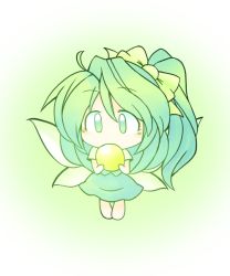 Rule 34 | 1girl, 216, ahoge, ball, barefoot, blush, bow, chibi, covered mouth, daiyousei, fairy wings, full body, glowing, gradient background, green background, green eyes, green hair, green theme, hair bow, holding, looking at viewer, shirt, short hair, short sleeves, side ponytail, simple background, skirt, skirt set, solo, touhou, vest, white shirt, wings