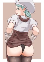 Rule 34 | 1girl, ass, black panties, blush, border, brown background, brown skirt, clothes lift, clothes pull, commentary request, creatures (company), game freak, gloves, goriate, green eyes, green hair, hat, highres, katy (pokemon), looking at viewer, looking back, nintendo, open mouth, panties, pantyhose, pantyhose pull, pokemon, pokemon sv, shiny skin, shirt, short sleeves, skirt, skirt lift, solo, underwear, white border, white hat, white shirt