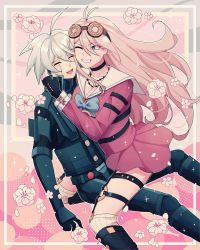 Rule 34 | 1boy, 1girl, :d, ahoge, antenna hair, armor, barbed wire, black choker, black footwear, black gloves, boots, bow, bowtie, breasts, cheer (cheerpuppy14), choker, cleavage, closed eyes, collarbone, commentary, danganronpa (series), danganronpa v3: killing harmony, english commentary, fingerless gloves, flower, gloves, goggles, goggles on head, green bow, green bowtie, grey hair, grin, happy, highres, iruma miu, k1-b0, knee boots, large breasts, long sleeves, looking at another, o-ring, one eye closed, open mouth, over-kneehighs, pink shirt, pink skirt, power armor, sailor collar, shirt, sitting, sitting on lap, sitting on person, skirt, smile, teeth, thighhighs, white sailor collar