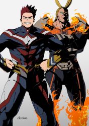 Rule 34 | 2boys, all might, armor, beard, blue eyes, boku no hero academia, bulge, clonion, cosplay, costume switch, covered abs, crossed arms, facial hair, feet out of frame, fire, glowing, glowing eye, grin, highres, male focus, mature male, multiple boys, muscular, muscular male, pauldrons, pectorals, personality switch, red hair, short hair, shoulder armor, sideburns, smile, spiked hair, stubble, thick thighs, thighs, endeavor (boku no hero academia)