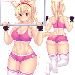Rule 34 | 1girl, animal ear fluff, animal ears, ass, blonde hair, blush, breasts, cat ears, cat girl, cat tail, closed mouth, commentary, english commentary, highres, large breasts, long hair, multiple views, nottytiffy, original, pink shorts, ponytail, pullups, red eyes, short shorts, shorts, sports bra, squatting, tail, thighhighs, thighs, tiffy (nottytiffy), white thighhighs