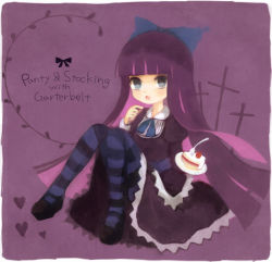 Rule 34 | 10s, 1girl, :o, blue eyes, cake, cake slice, colored inner hair, copyright name, cross, dress, food, fork, heart, holding, long hair, mikanniro, multicolored hair, panty &amp; stocking with garterbelt, pantyhose, plate, purple hair, solo, stocking (psg), striped clothes, striped pantyhose