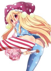 Rule 34 | 1girl, american flag dress, american flag legwear, ass, bad id, bad twitter id, blonde hair, butt crack, clownpiece, eyebrows, fang, fire, from behind, hair between eyes, hat, inactive account, jester cap, long hair, looking at viewer, looking back, muuba, no panties, open mouth, pantyhose, polka dot, red eyes, shirt, simple background, solo, star (symbol), striped, torch, touhou, very long hair, white background