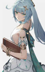 Rule 34 | 1girl, aqua hair, armlet, bare shoulders, book, bracelet, breasts, clothing cutout, cotta (heleif), dress, faruzan (genshin impact), from side, genshin impact, green eyes, hair ornament, highres, holding, holding book, jewelry, looking at viewer, looking to the side, short sleeves, shoulder cutout, sideboob, sidelocks, simple background, small breasts, solo, symbol-shaped pupils, triangle-shaped pupils, twintails, white background, white dress, x hair ornament
