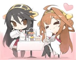 Rule 34 | 10s, 2girls, bad id, bad pixiv id, black hair, brown eyes, brown hair, cake, cup, food, hairband, haruna (kancolle), heart, kantai collection, kongou (kancolle), long hair, minoa (lastswallow), multiple girls, nontraditional miko, smile, teacup, thighhighs, tiered tray, zettai ryouiki