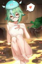 Rule 34 | 1girl, animal ears, arm support, ass, bare shoulders, barefoot, blue hair, blush, breasts, breasts apart, cat ears, closed mouth, collarbone, covered erect nipples, covering privates, creature on head, crossed bangs, detached wings, feet, floppy ears, genshin impact, glasses, green hair, hair between eyes, hand on own chest, head tilt, heart, highres, knees, knees together feet apart, light smile, long bangs, looking at viewer, medium breasts, medium hair, multicolored hair, naked towel, nipples, nose, nude cover, onsen, orange eyes, partially submerged, petals, petals on liquid, roysix, see-through, semi-rimless eyewear, sideboob, sidelocks, slime (genshin impact), soles, solo, speech bubble, spoken heart, streaked hair, sucrose (genshin impact), toes, towel, tsurime, water, wet, wings, wooden wall