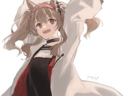 Rule 34 | 1girl, absurdres, angelina (arknights), animal ear fluff, animal ears, arknights, arms up, black shirt, breasts, brown eyes, brown hair, hairband, highres, jacket, long hair, looking at viewer, motoha, open clothes, open jacket, open mouth, red hairband, shirt, signature, simple background, small breasts, solo, striped clothes, striped hairband, twintails, white background, white jacket